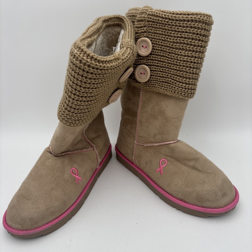 Greater Good Women Boots Sz 8 Us Pink Ribbon Cancer Awareness Tan Knit Cuff